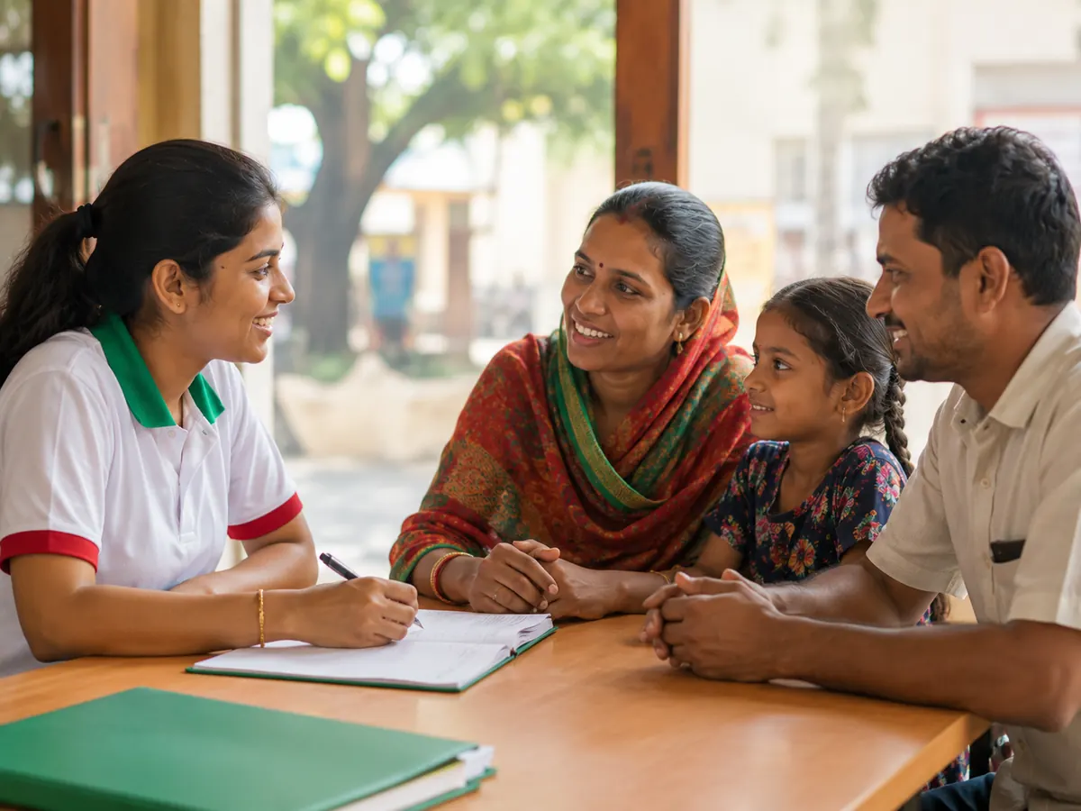 Volunteer assisting a family through discussion