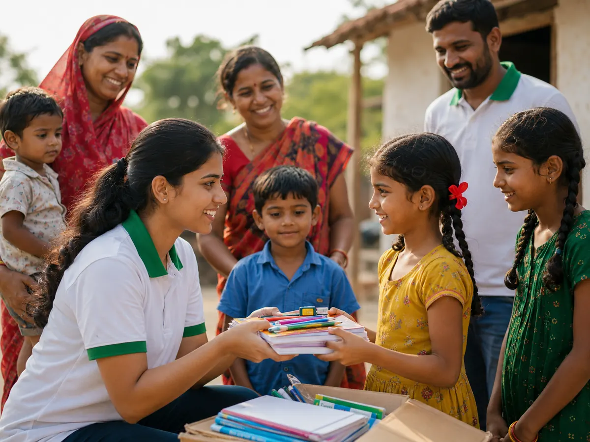 Volunteer sharing support materials with a family
